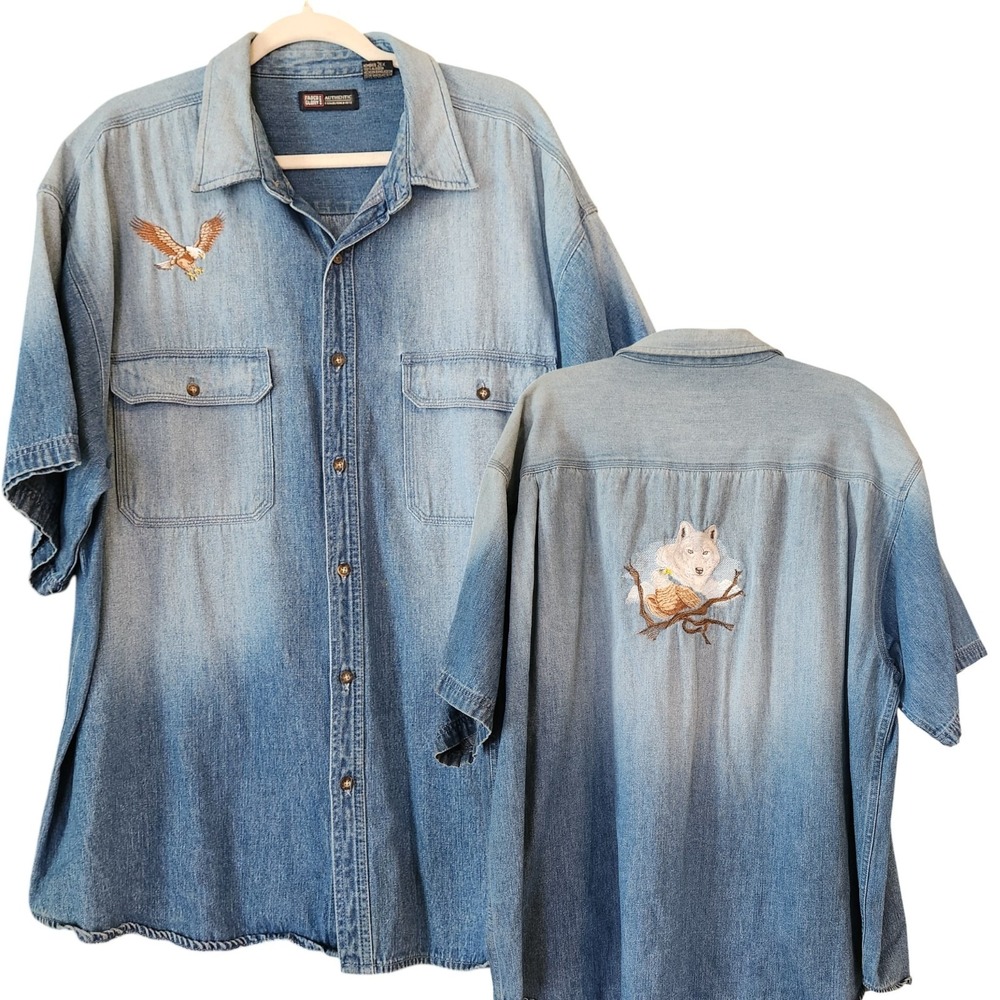 Vtg‎ Y2K Faded Glory Denim Shirt Mens 2XL Eagle Wolf Short Sleeve Button Cotton